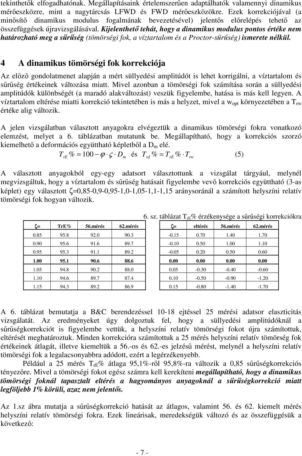 Kijelenthet tehát, hogy a dinamikus modulus pontos értéke nem határozható meg a srség (tömörségi fok, a víztartalom és a Proctor-srség) ismerete nélkül.