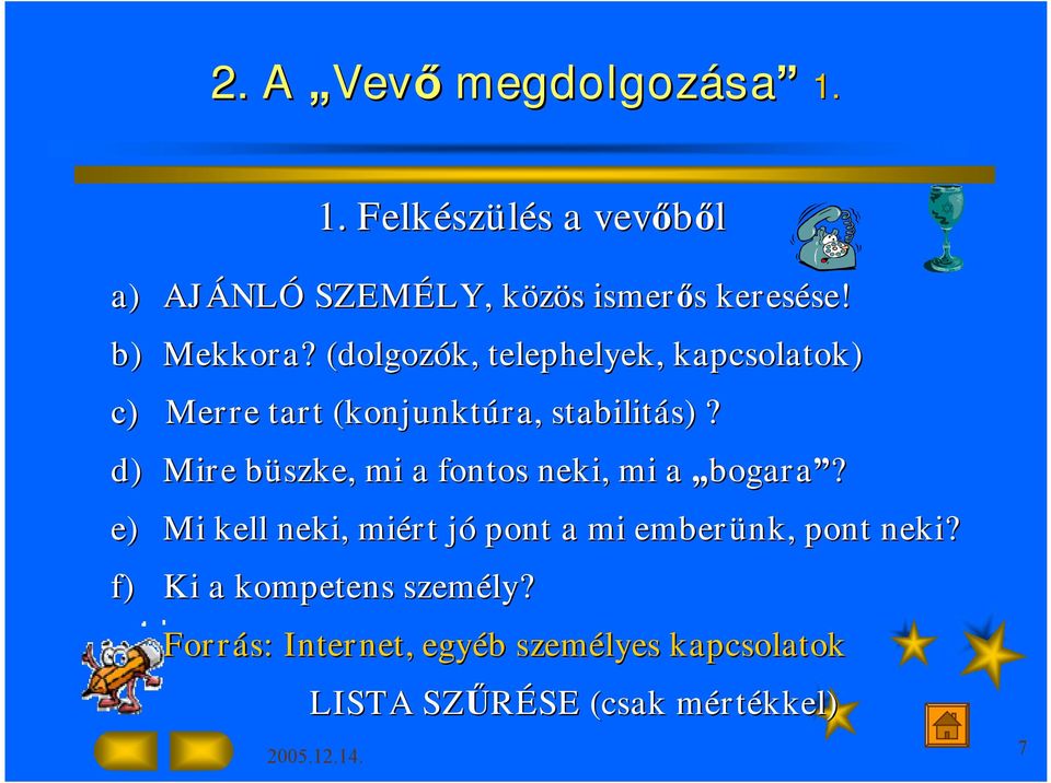 d) Mire büszke, b mi a fontos neki, mi a bogara? e) Mi kell neki, miért jój pont a mi emberünk, pont neki?