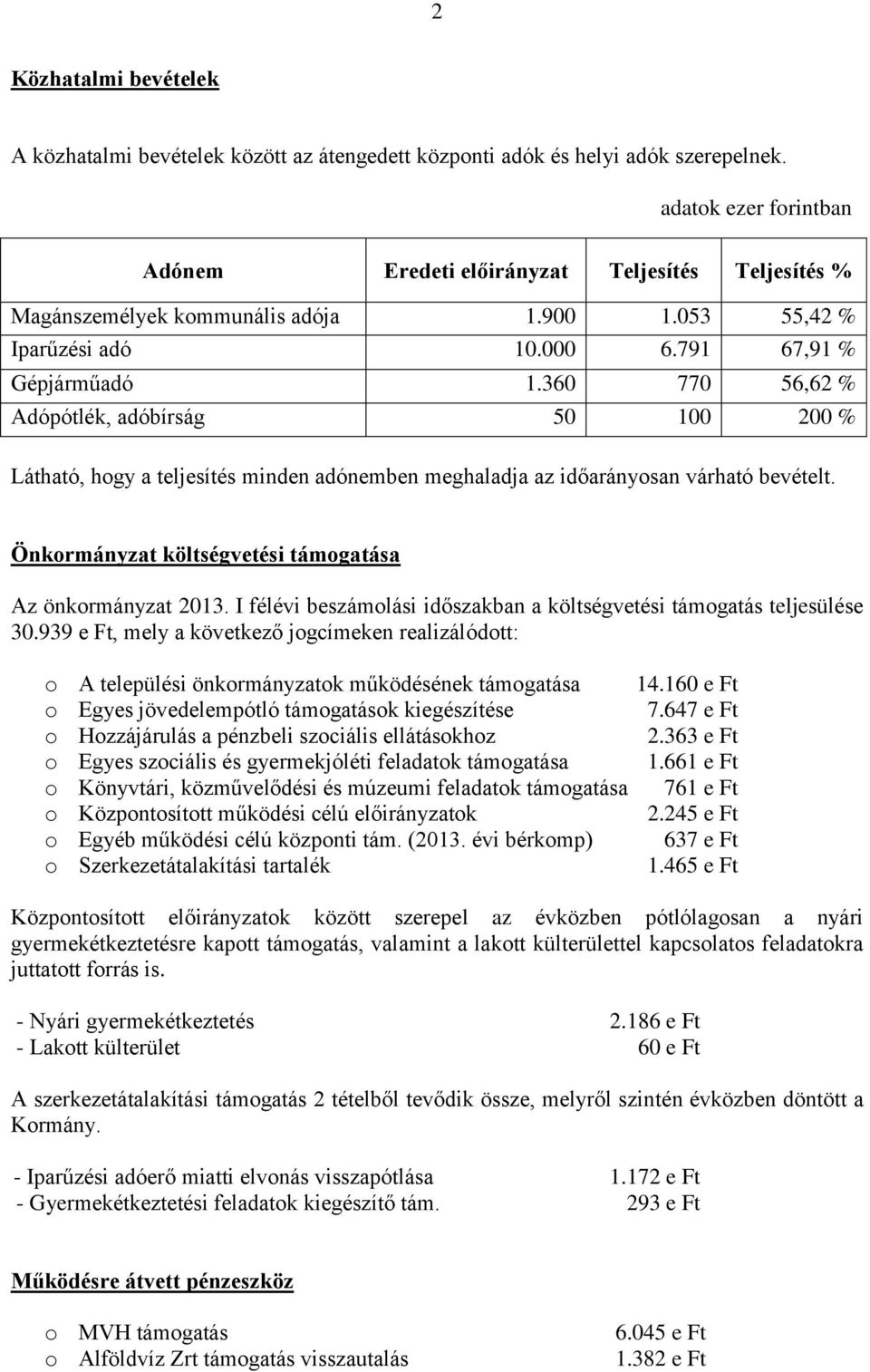 360 770 56,62 % Adópótlék, adóbírság 50 100 200 % Látható, hogy a teljesítés minden adónemben meghaladja az időarányosan várható bevételt. Önkormányzat költségvetési támogatása Az önkormányzat 2013.