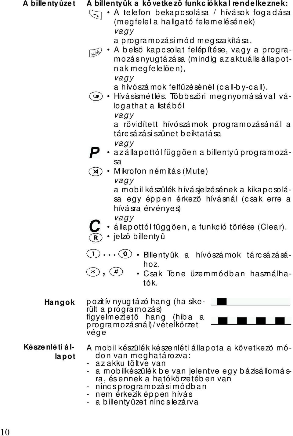 Többszöri meg nyomásáv al v á- log athat a listából vag y a rövidített hív ószámok programozásánál a tárcsázási szünet beiktatása vag y az állapottól függõen a billentyû prog ramozása Mikrofon ném