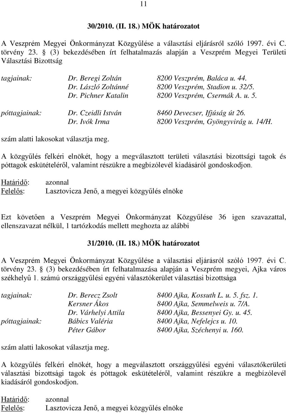 Dr. Pichner Katalin 8200 Veszprém, Csermák A. u. 5. póttagjainak: Dr. Czeidli István 8460 Devecser, Ifjúság út 26. Dr. Ivók Irma 8200 Veszprém, Gyöngyvirág u. 14/H.