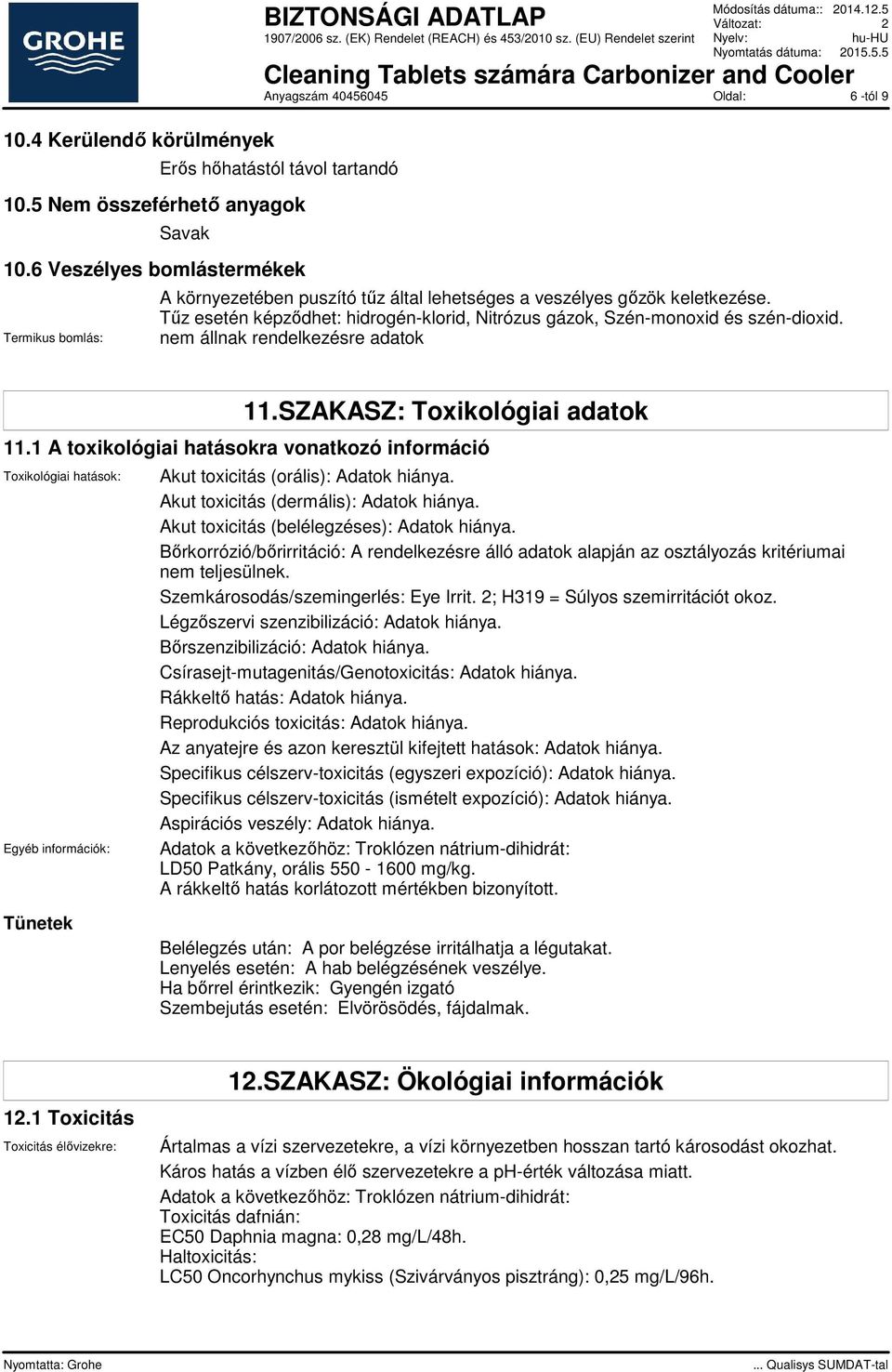 Tűz esetén képződhet: hidrogén-klorid, Nitrózus gázok, Szén-monoxid és szén-dioxid. 11.SZAKASZ: Toxikológiai adatok 11.