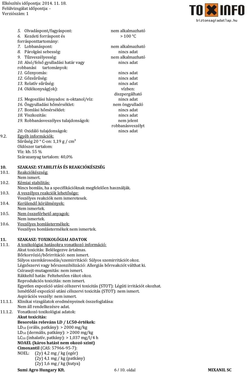 Oldékonyság(ok): vízben: diszpergálható 15. Megoszlási hányados: n-oktanol/víz: nincs adat 16. Öngyulladási hőmérséklet: nem öngyulladó 17. Bomlási hőmérséklet: nincs adat 18.