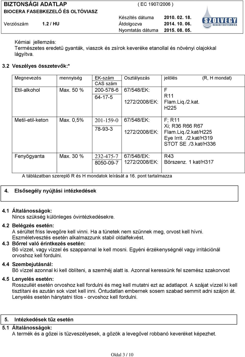 H225 Metil-etil-keton Max. 0,5% 201-159-0 78-93-3 67/548/EK: 1272/2008/EK: Fenyőgyanta Max. 30 % 232-475-7 67/548/EK: 8050-09-7 1272/2008/EK: F; R11 Xi; R36 R66 R67 Flam.Liq./2.kat/H225 Eye Irrit../2.kat/H319 STOT SE.