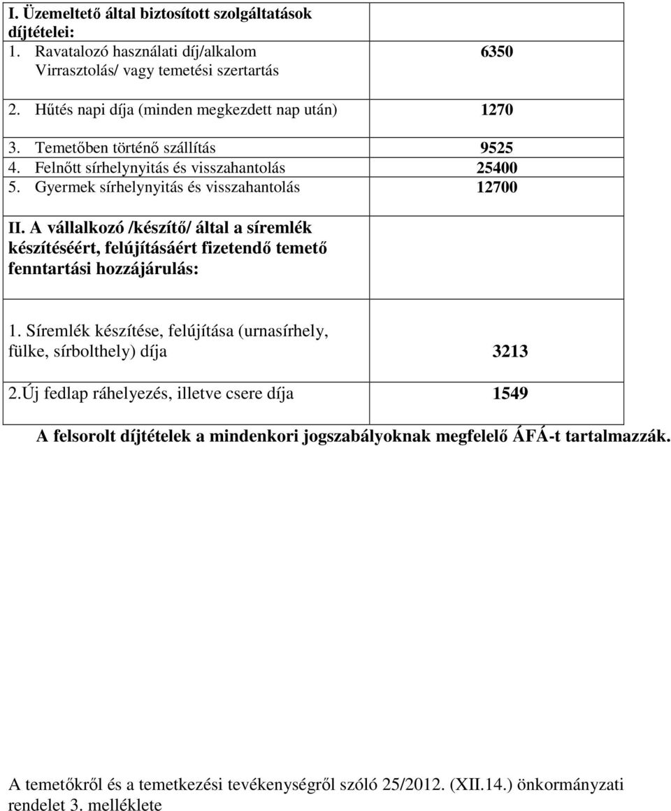 A vállalkozó /készítő/ által a síremlék készítéséért, felújításáért fizetendő temető fenntartási hozzájárulás: 1.