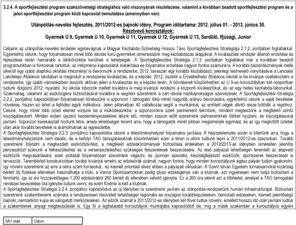 bemutatása (amennyiben van) Utánpótlás-nevelés fejlesztés, 2011/2012-es bajnoki idény, Program időtartama: 2012. július 01. - 2013. június 30.