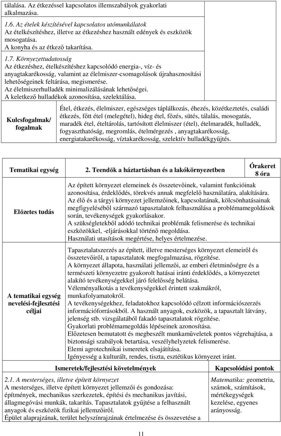 Környezettudatosság Az étkezéshez, ételkészítéshez kapcsolódó energia-, víz- és anyagtakarékosság, valamint az élelmiszer-csomagolások újrahasznosítási lehetőségeinek feltárása, megismerése.