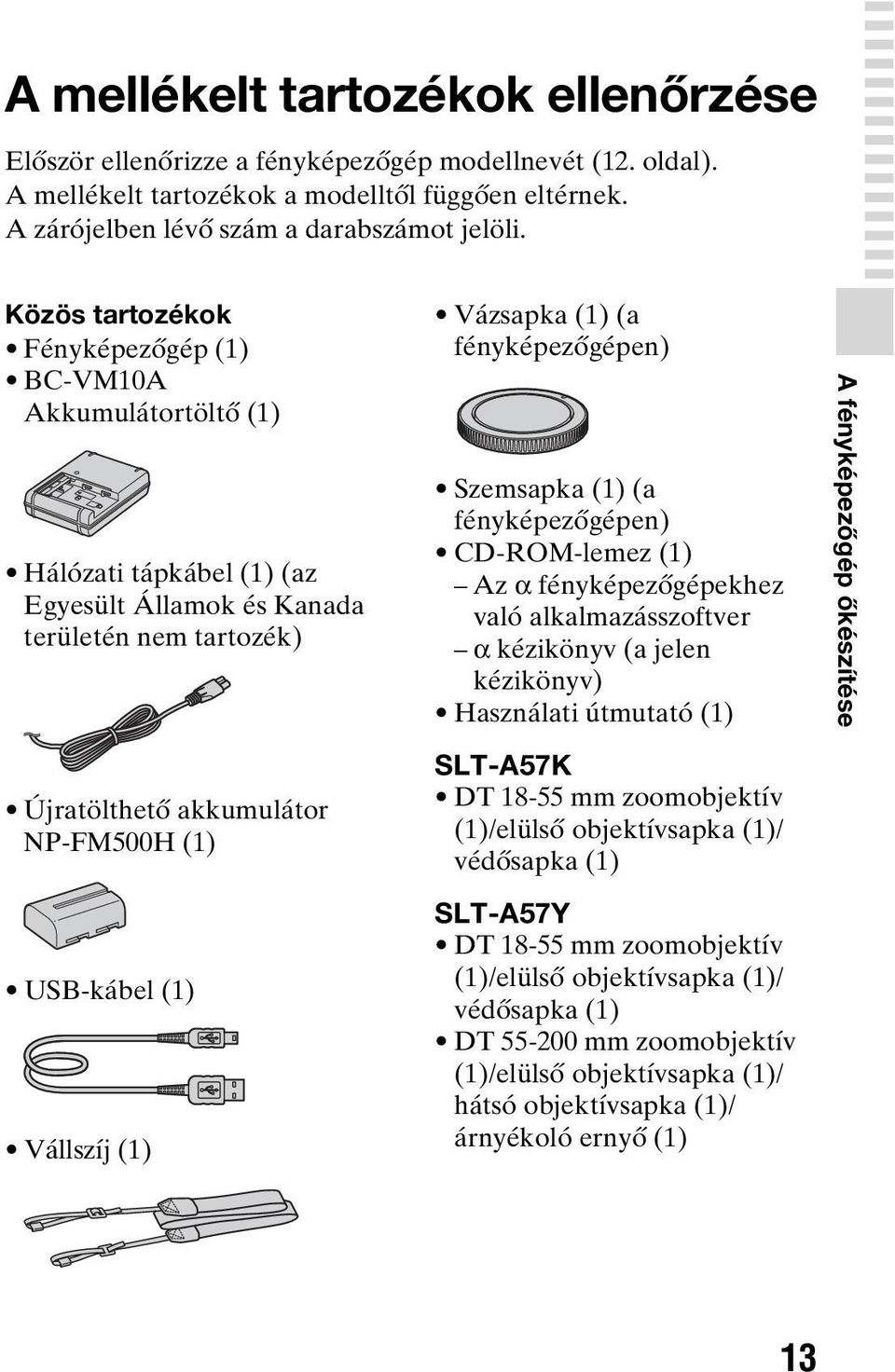 Közös tartozékok Fényképezőgép (1) BC-VM10A Akkumulátortöltő (1) Hálózati tápkábel (1) (az Egyesült Államok és Kanada területén nem tartozék) Újratölthető akkumulátor NP-FM500H (1) USB-kábel (1)