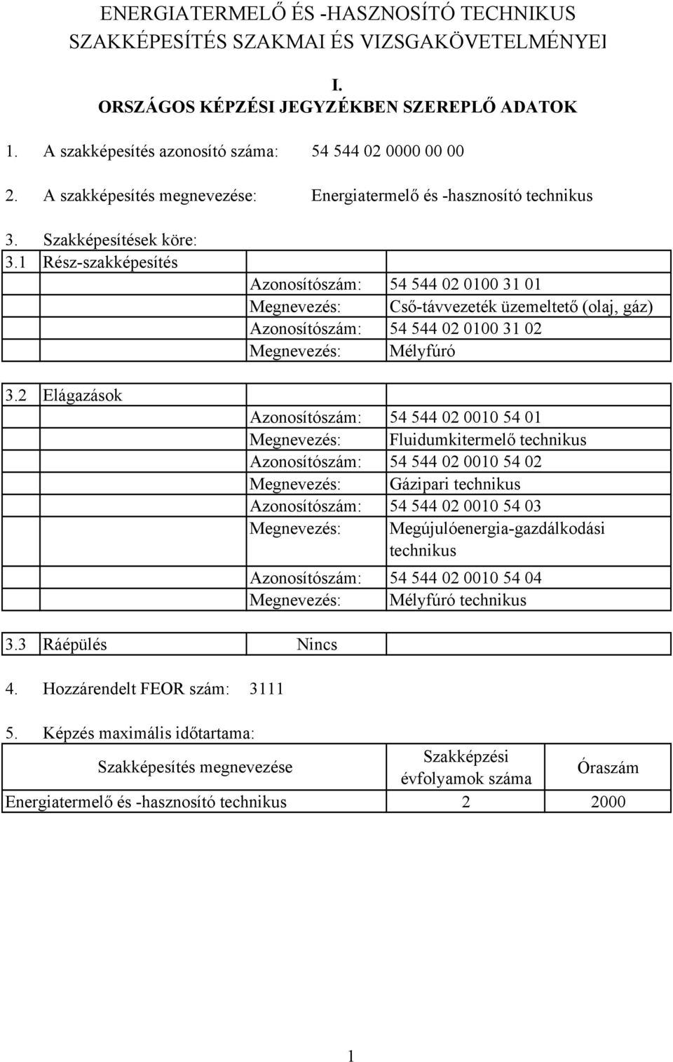 Hozzárendelt FEOR szám: Azonosítószám: Megnevezés: 54 544 02 0100 31 01 Csőtávvezeték üzemeltető (olaj, gáz) Azonosítószám: 54 544 02 0100 31 02 Megnevezés: Mélyfúró Azonosítószám: 54 544 02 0010 54