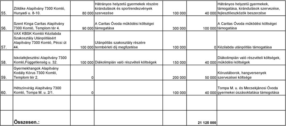 A Caritas Óvoda működési költségei 90 000 támogatása 300 000 A Caritas Óvoda működési költségei 100 000 támogatása VAX KBSK Komlói Kézilabda Szakosztály Utánpótlásért Alapítvány 7300 Komló, Pécsi út