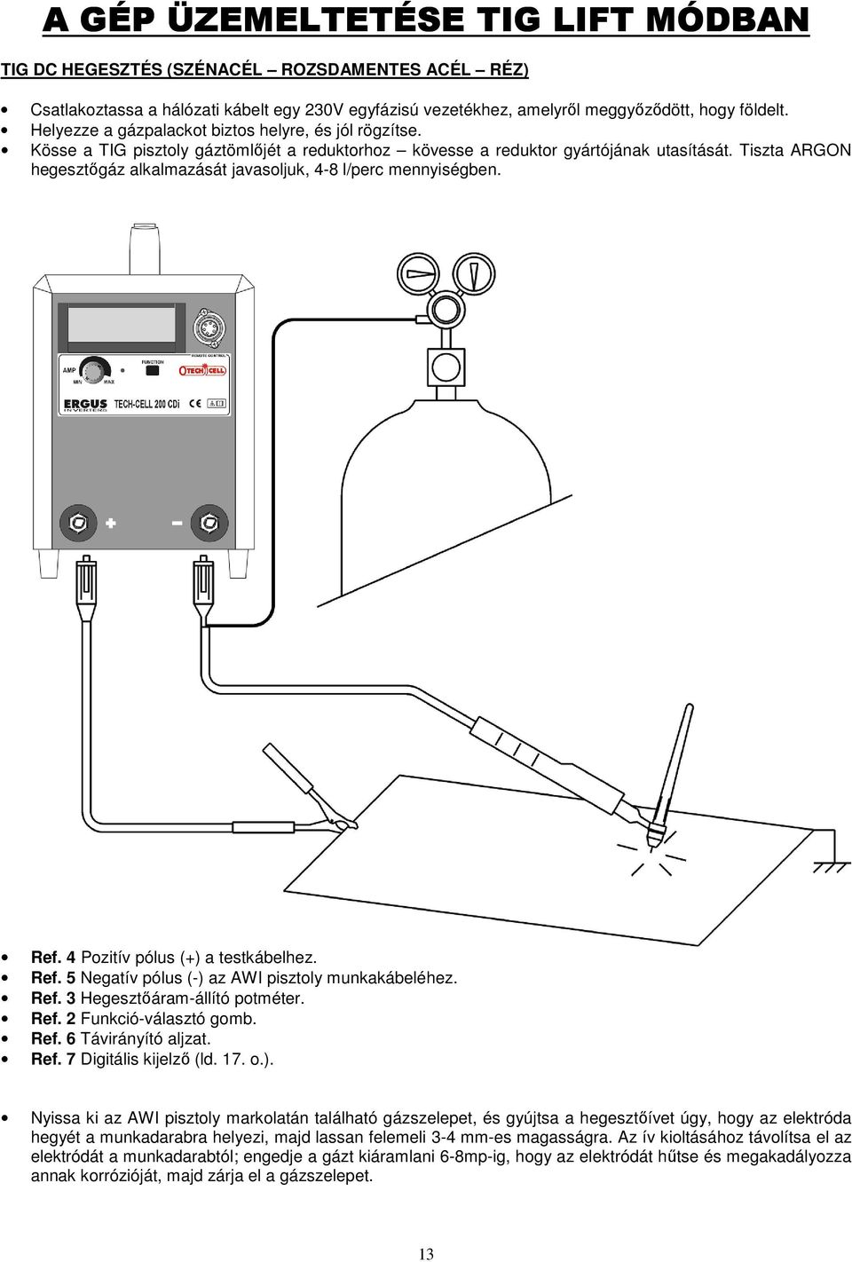 Tiszta ARGON hegesztıgáz alkalmazását javasoljuk, 4-8 l/perc mennyiségben. Ref. 4 Pozitív pólus (+) a testkábelhez. Ref. 5 Negatív pólus (-) az AWI pisztoly munkakábeléhez. Ref. 3 Hegesztıáram-állító potméter.