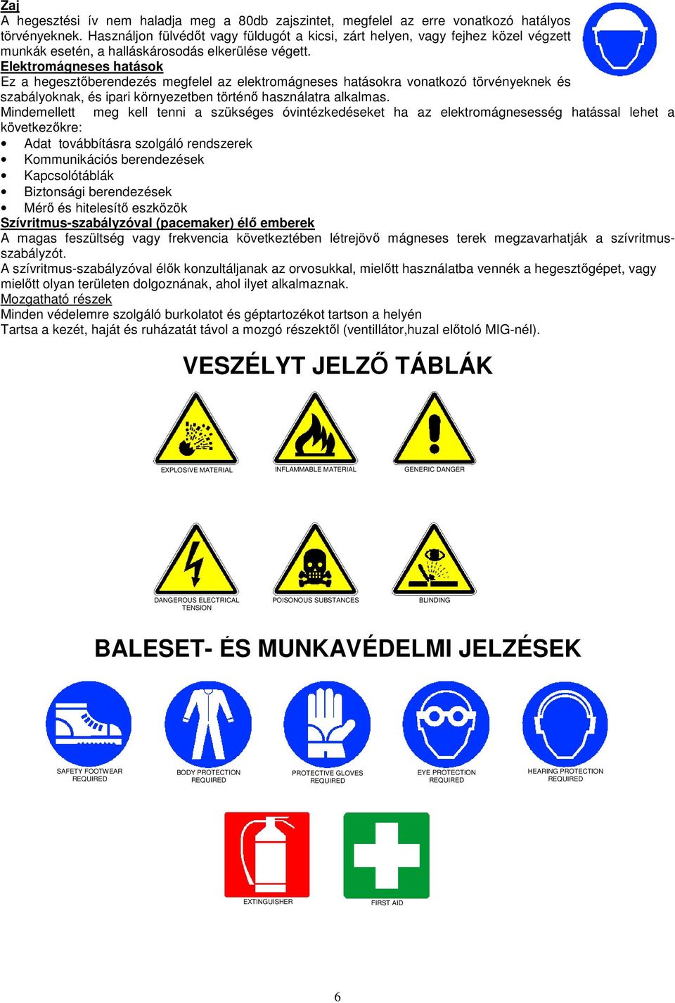 Elektromágneses hatások Ez a hegesztıberendezés megfelel az elektromágneses hatásokra vonatkozó törvényeknek és szabályoknak, és ipari környezetben történı használatra alkalmas.