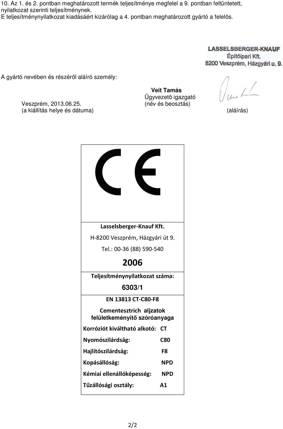 A gyártó nevében és részéről aláíró személy: Veit Tamás Ügyvezető igazgató Veszprém, 2013.06.25. (név és beosztás) (a kiállítás helye és dátuma) (aláírás) Lasselsberger-Knauf Kft.