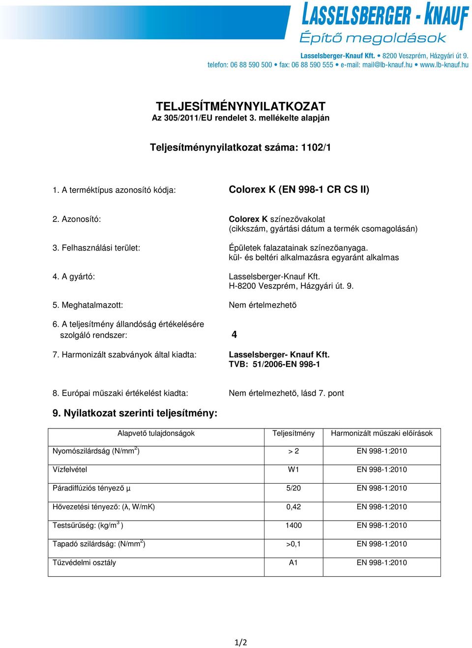 A gyártó: Lasselsberger-Knauf Kft. H-8200 Veszprém, Házgyári út. 9. 5. Meghatalmazott: Nem értelmezhető 6. A teljesítmény állandóság értékelésére szolgáló rendszer: 4 7.