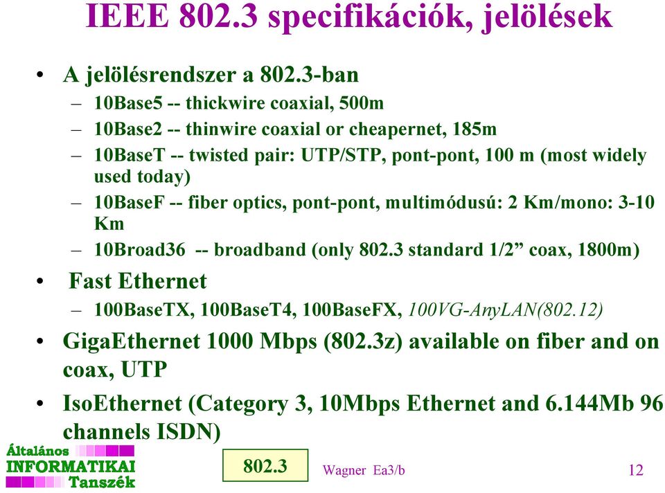 widely used today) 10BaseF -- fiber optics, pont-pont, multimódusú: 2 Km/mono: 3-10 Km 10Broad36 -- broadband (only 802.