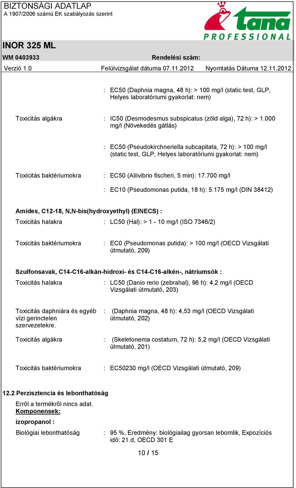 min): 17.700 mg/l : EC10 (Pseudomonas putida, 18 h): 5.