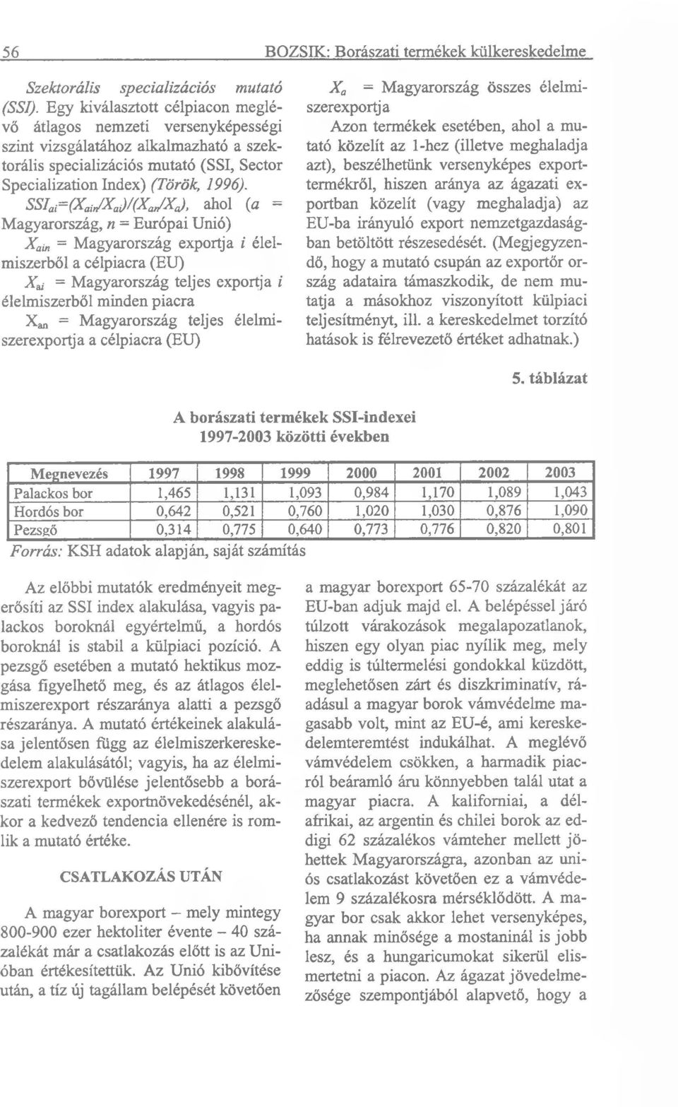 SSIar ( X aj X J /( X J X j, ahol (a = Magyarország, n = Európai Unió) Xai = Magyarország exportja i élelmiszerből a célpiacra (EU) X ú = Magyarország teljes exportja i élelmiszerből minden piacra Xm