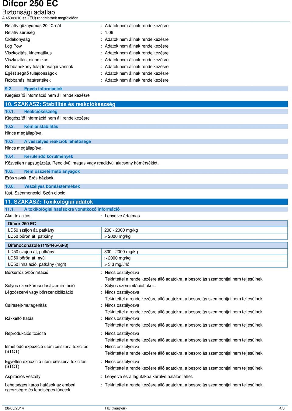 SZAKASZ Stabilitás és reakciókészség 10.1. Reakciókészség 10.2. Kémiai stabilitás Nincs megállapítva. 10.3. A veszélyes reakciók lehetősége Nincs megállapítva. 10.4.