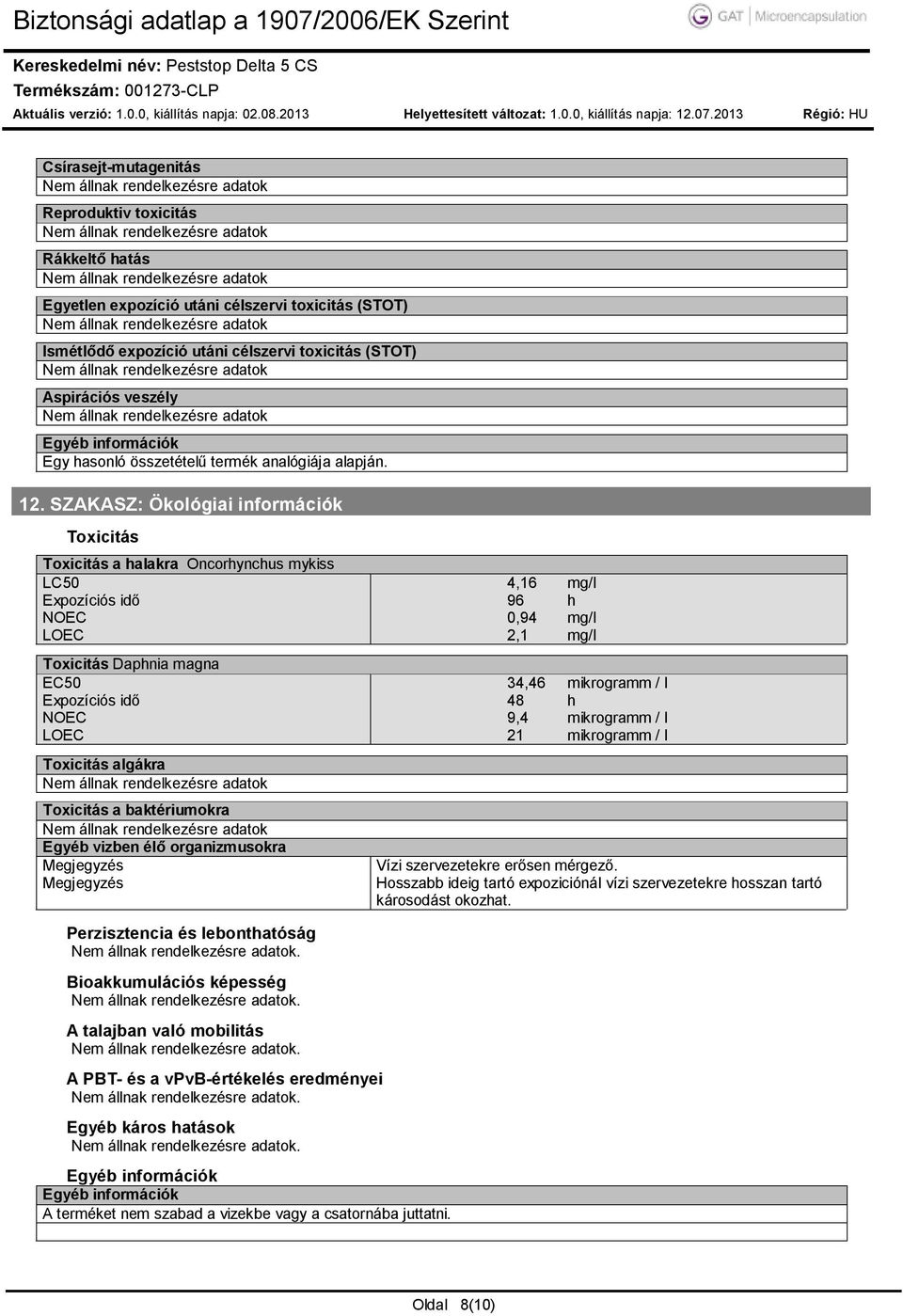 toxicitás (STOT) Aspirációs veszély Egy hasonló összetételű termék analógiája alapján. 12.