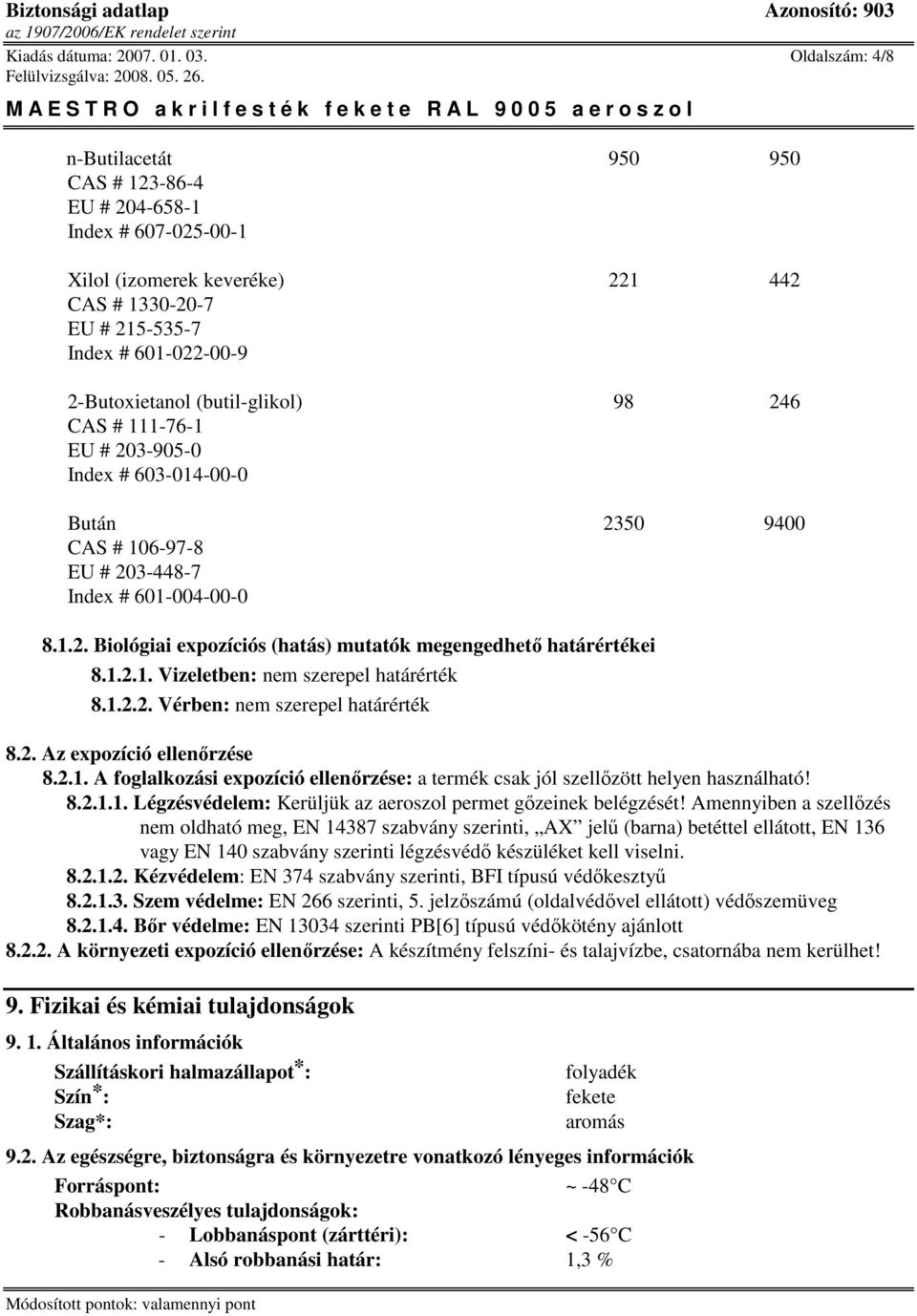 (butil-glikol) 98 246 CAS # 111-76-1 EU # 203-905-0 Index # 603-014-00-0 Bután 2350 9400 CAS # 106-97-8 EU # 203-448-7 Index # 601-004-00-0 8.1.2. Biológiai expozíciós (hatás) mutatók megengedhetı határértékei 8.