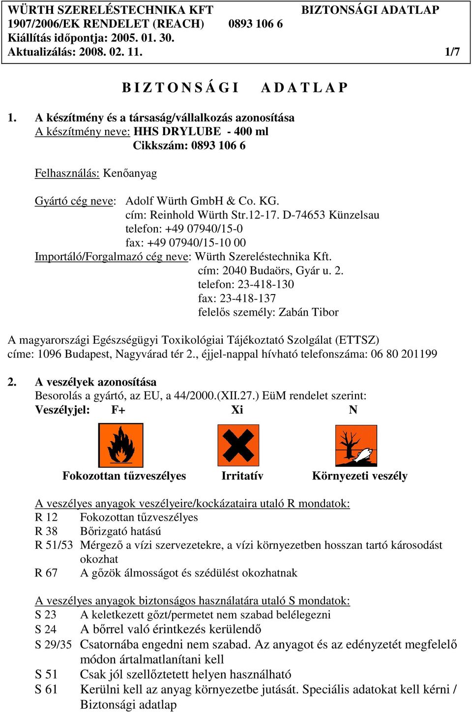 cím: Reinhold Würth Str.12-17. D-74653 Künzelsau telefon: +49 07940/15-0 fax: +49 07940/15-10 00 Importáló/Forgalmazó cég neve: Würth Szereléstechnika Kft. cím: 20