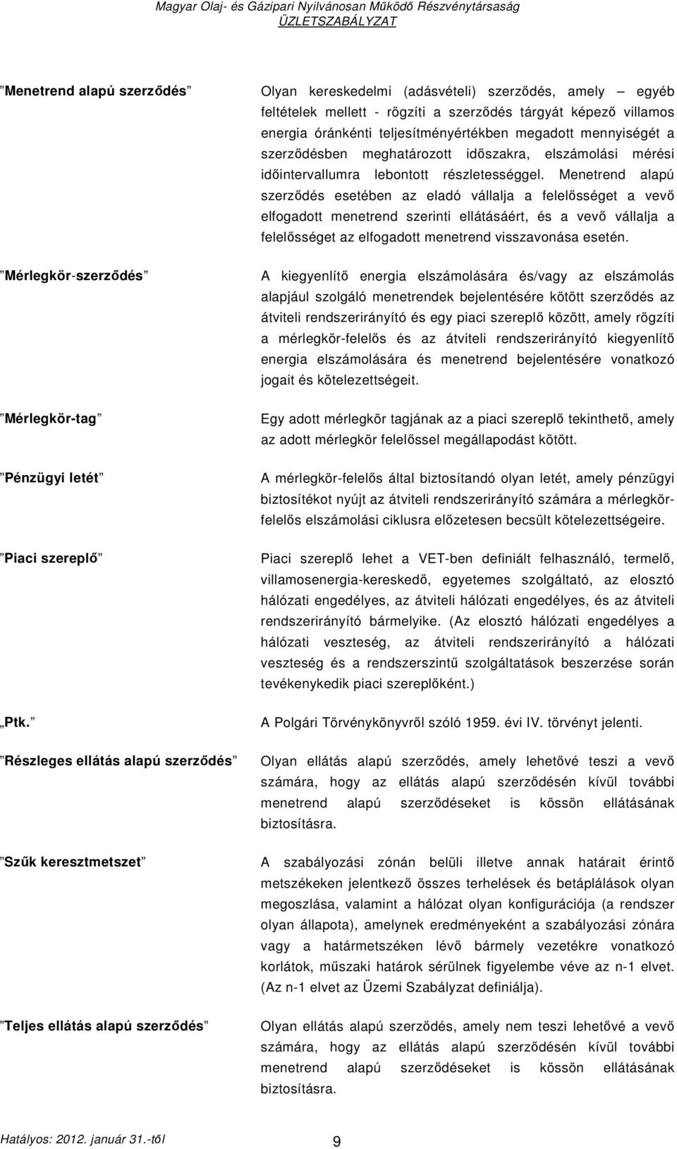 villamos energia óránkénti teljesítményértékben megadott mennyiségét a szerzıdésben meghatározott idıszakra, elszámolási mérési idıintervallumra lebontott részletességgel.