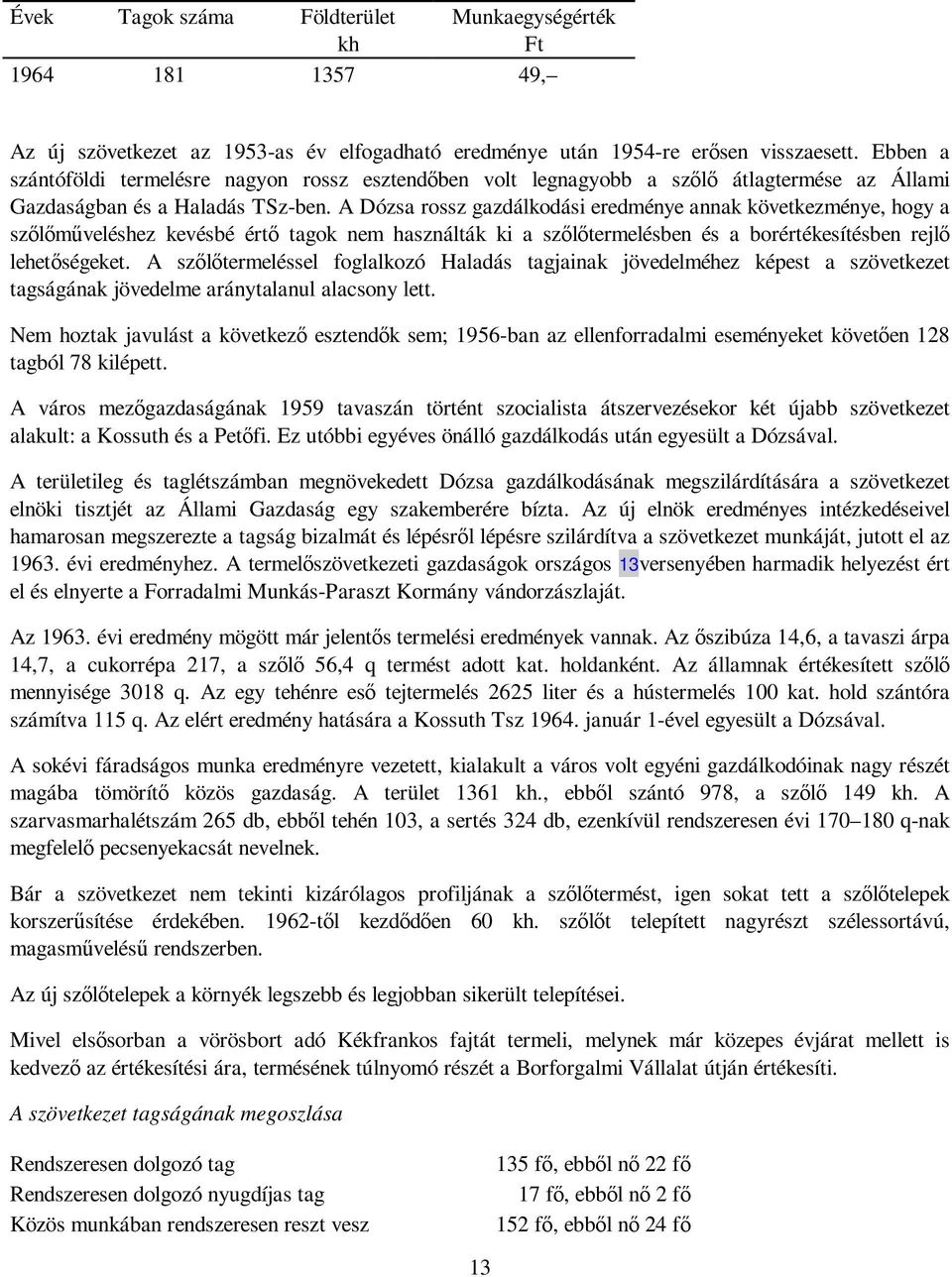 A Dózsa rossz gazdálkodási eredménye annak következménye, hogy a szılımőveléshez kevésbé értı tagok nem használták ki a szılıtermelésben és a borértékesítésben rejlı lehetıségeket.