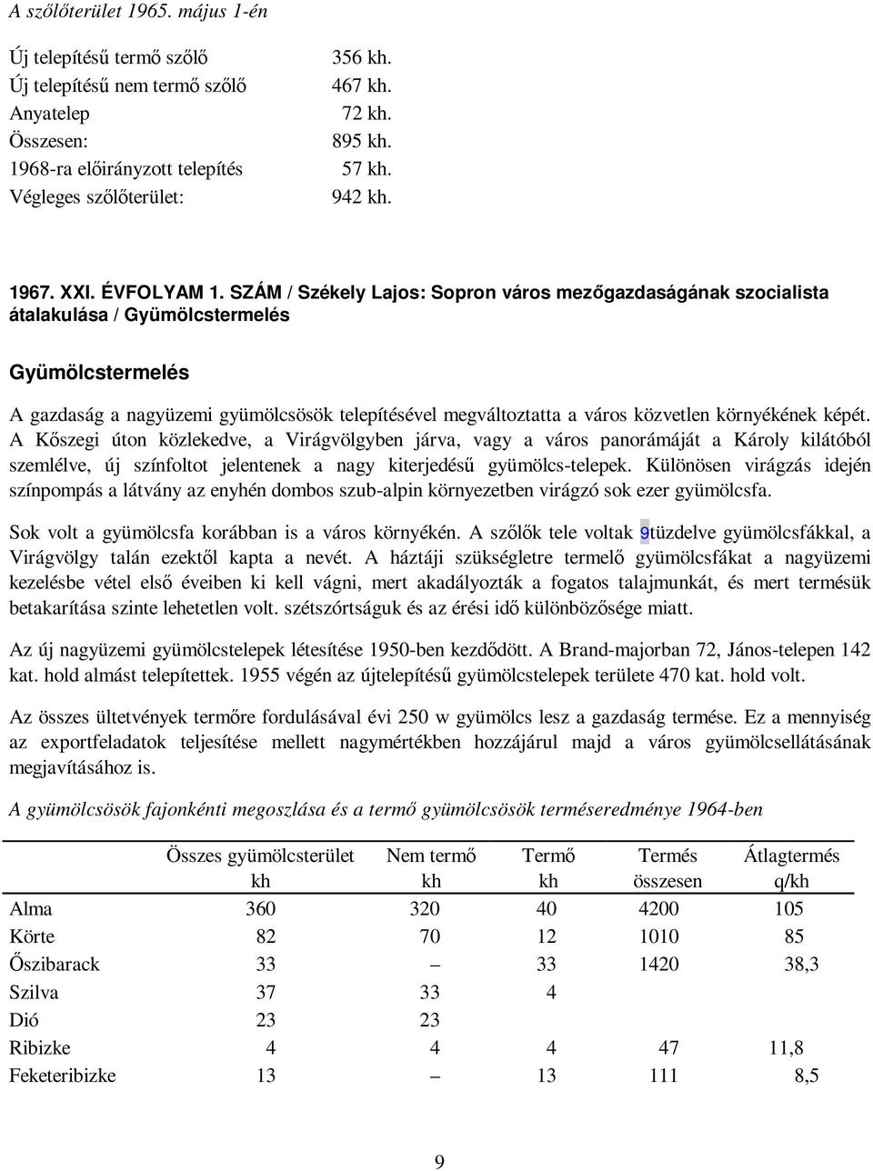 SZÁM / Székely Lajos: Sopron város mezıgazdaságának szocialista átalakulása / Gyümölcstermelés Gyümölcstermelés A gazdaság a nagyüzemi gyümölcsösök telepítésével megváltoztatta a város közvetlen