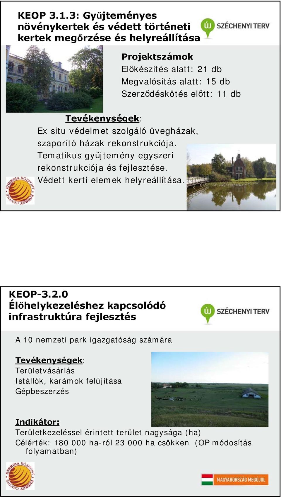 előtt: 11 db Tevékenységek: Ex situ védelmet szolgáló üvegházak, szaporító házak rekonstrukciója. Tematikus gyűjtemény egyszeri rekonstrukciója és fejlesztése.