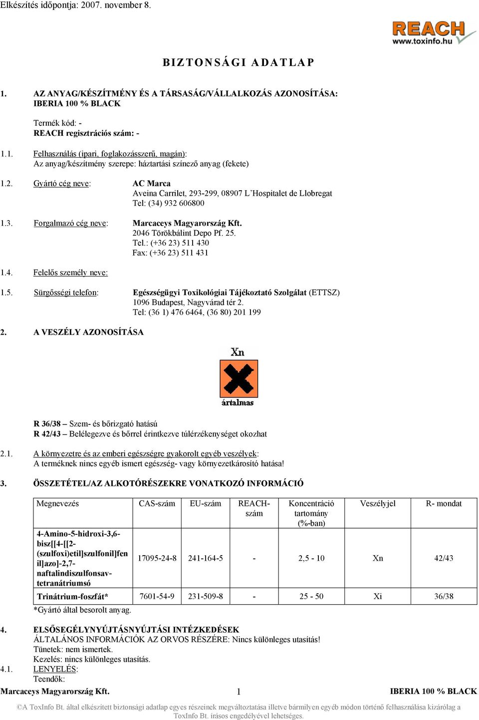 4. Felelős személy neve: 1.5. Sürgősségi telefon: Egészségügyi Toxikológiai Tájékoztató Szolgálat (ETTSZ) 1096 Budapest, Nagyvárad tér 2. Tel: (36 1) 476 6464, (36 80) 201 199 2.