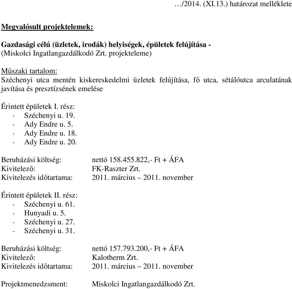 rész: - Széchenyi u. 19. - Ady Endre u. 5. - Ady Endre u. 18. - Ady Endre u. 20. nettó 158.455.822,- Ft + ÁFA FK-Raszter Zrt. 2011. március 2011.