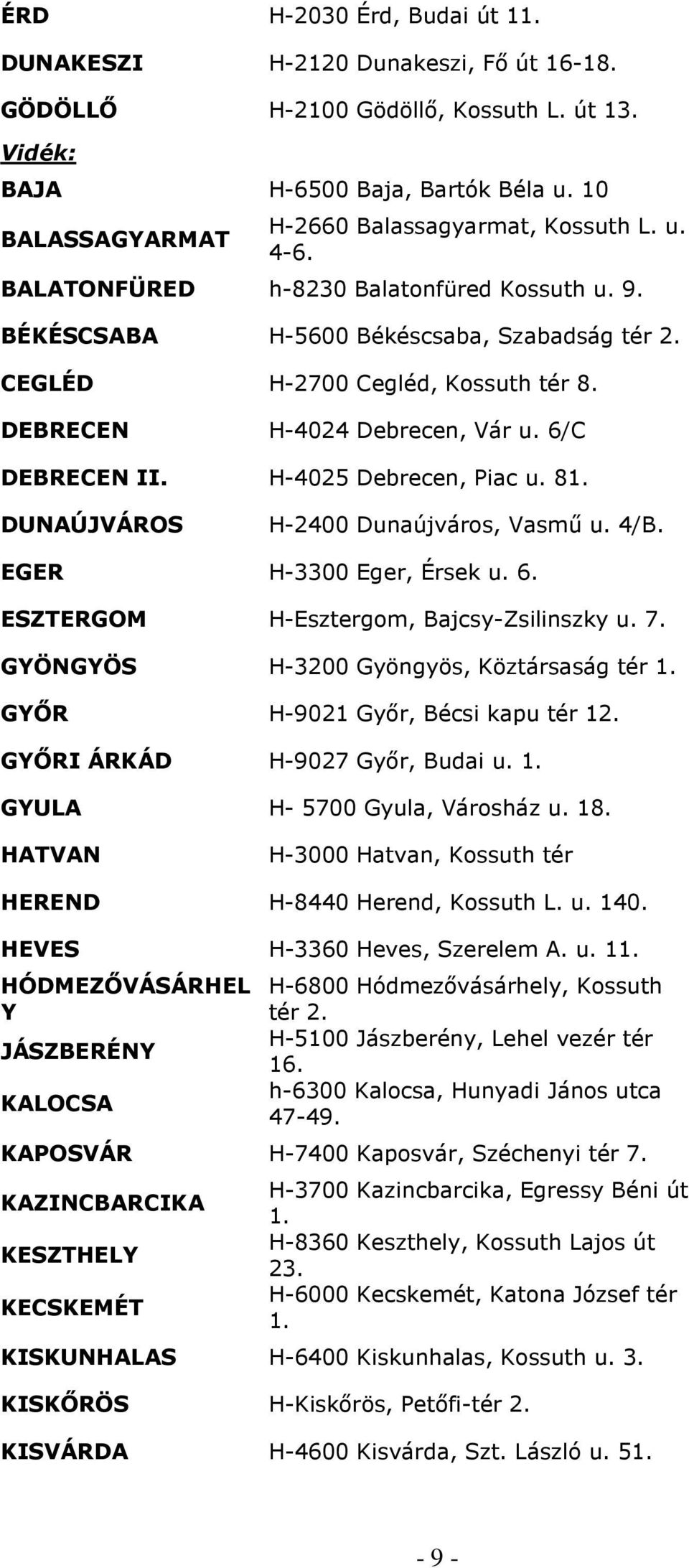 DEBRECEN H-4024 Debrecen, Vár u. 6/C DEBRECEN II. H-4025 Debrecen, Piac u. 81. DUNAÚJVÁROS H-2400 Dunaújváros, Vasmő u. 4/B. EGER H-3300 Eger, Érsek u. 6. ESZTERGOM H-Esztergom, Bajcsy-Zsilinszky u.