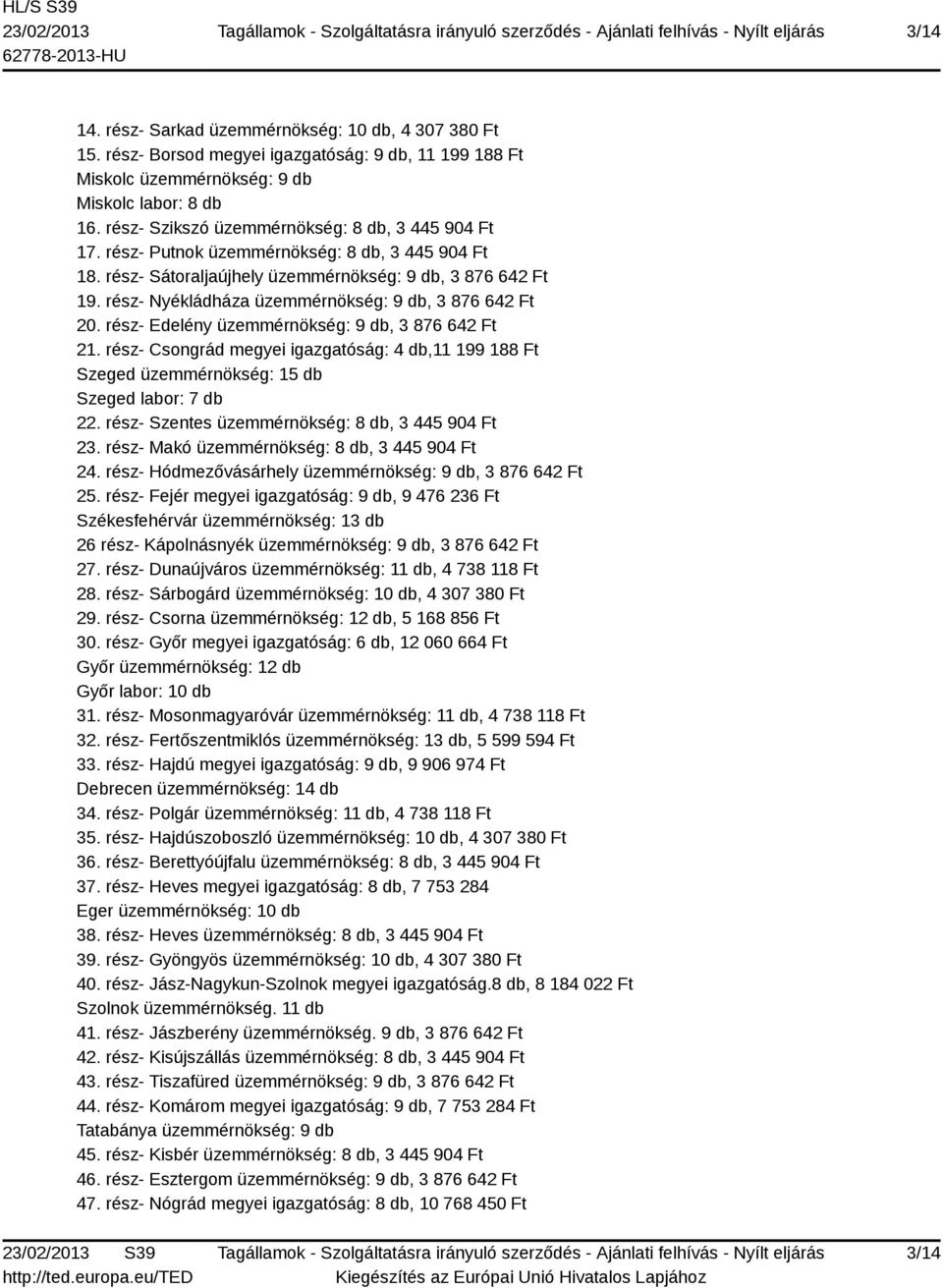 rész- Nyékládháza üzemmérnökség: 9 db, 3 876 642 Ft 20. rész- Edelény üzemmérnökség: 9 db, 3 876 642 Ft 21.