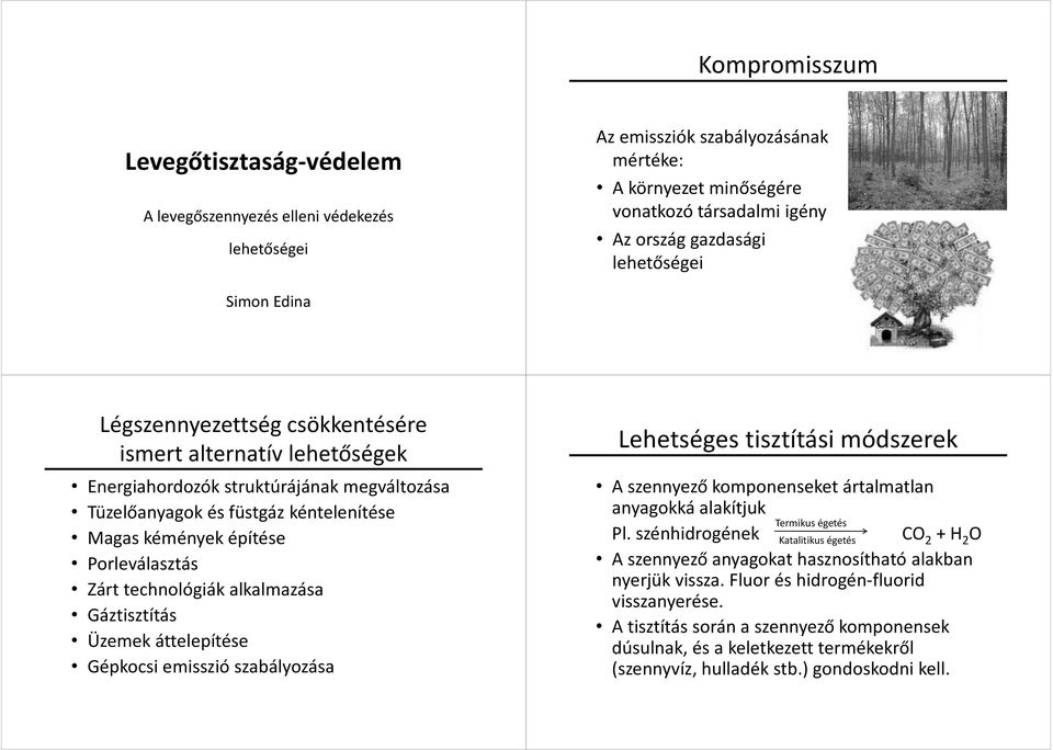 Porleválasztás Zárt technológiák alkalmazása Gáztisztítás Üzemek áttelepítése Gépkocsi emisszió szabályozása Lehetséges tisztítási módszerek A szennyező komponenseket ártalmatlan anyagokká alakítjuk