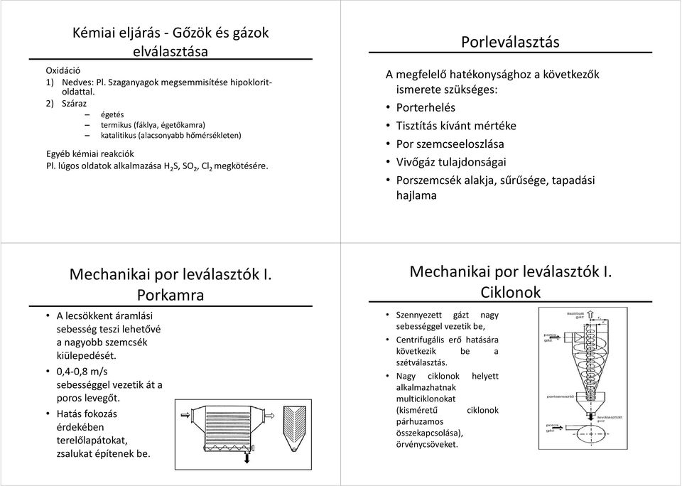 Porleválasztás A megfelelő hatékonysághoz a következők ismerete szükséges: Porterhelés Tisztítás kívánt mértéke Por szemcseeloszlása Vivőgáz tulajdonságai Porszemcsék alakja, sűrűsége, tapadási