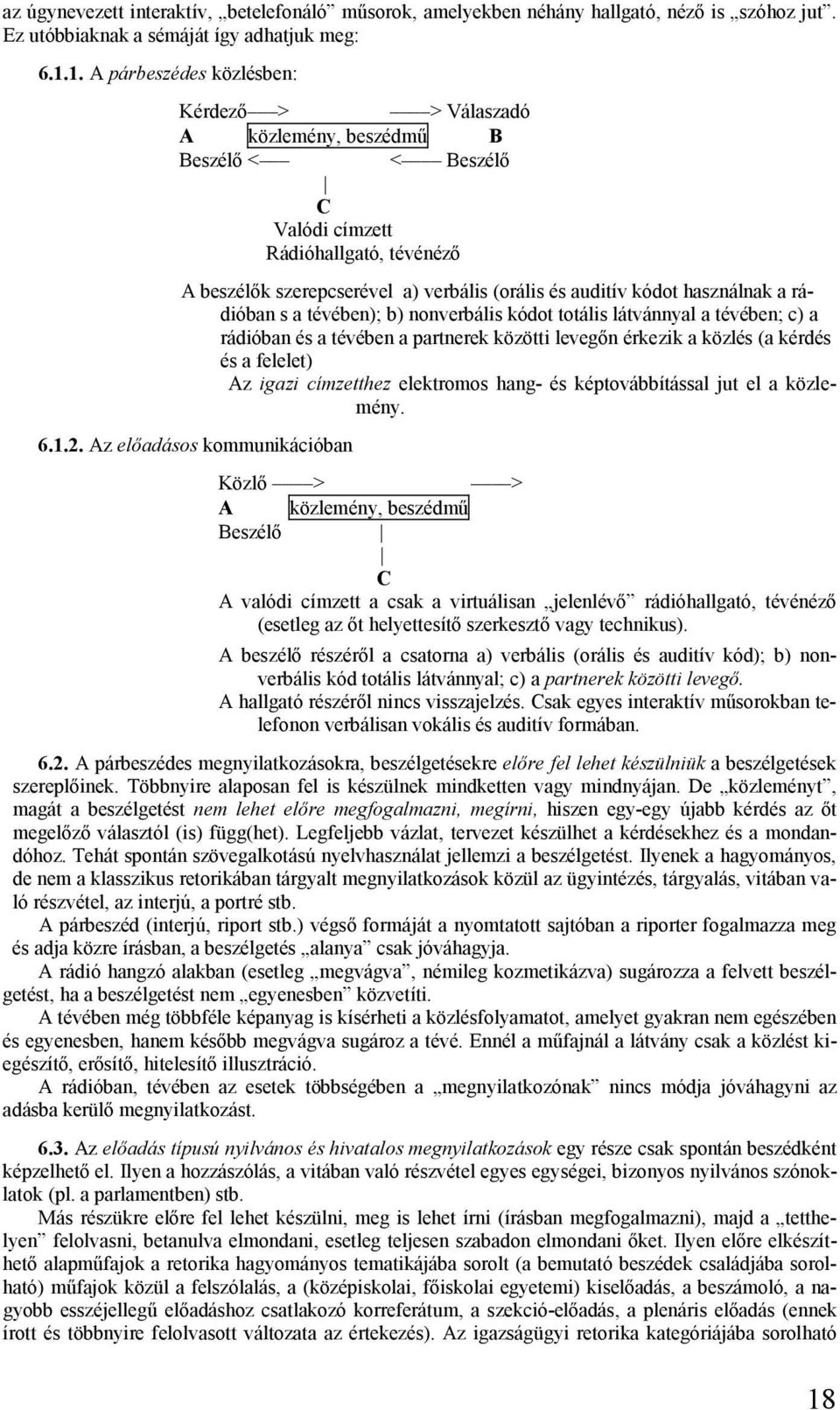 használnak a rádióban s a tévében); b) nonverbális kódot totális látvánnyal a tévében; c) a rádióban és a tévében a partnerek közötti levegőn érkezik a közlés (a kérdés és a felelet) Az igazi
