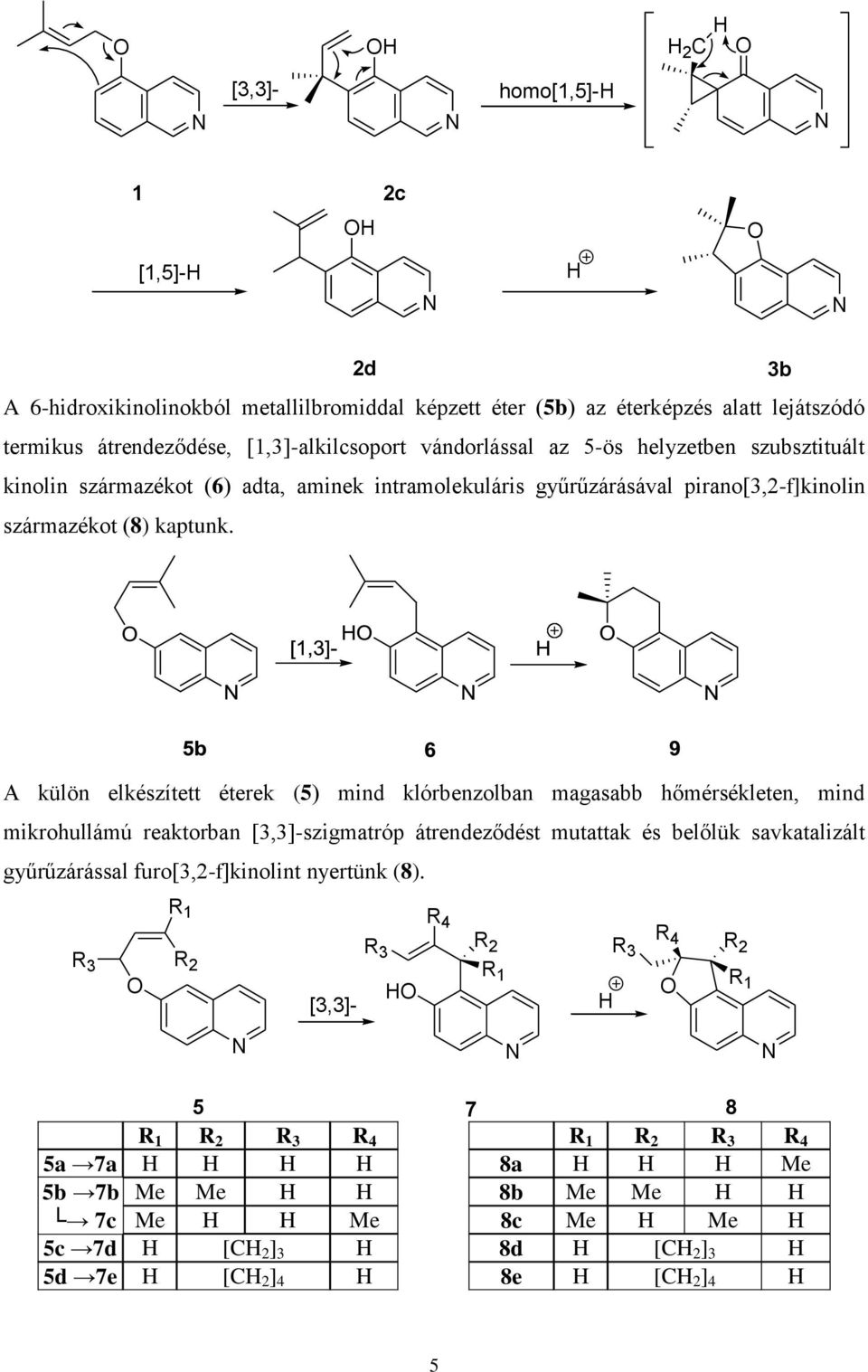 A külön elkészített éterek (5) mind klórbenzolban magasabb hőmérsékleten, mind mikrohullámú reaktorban [3,3]-szigmatróp átrendeződést mutattak és belőlük savkatalizált gyűrűzárással
