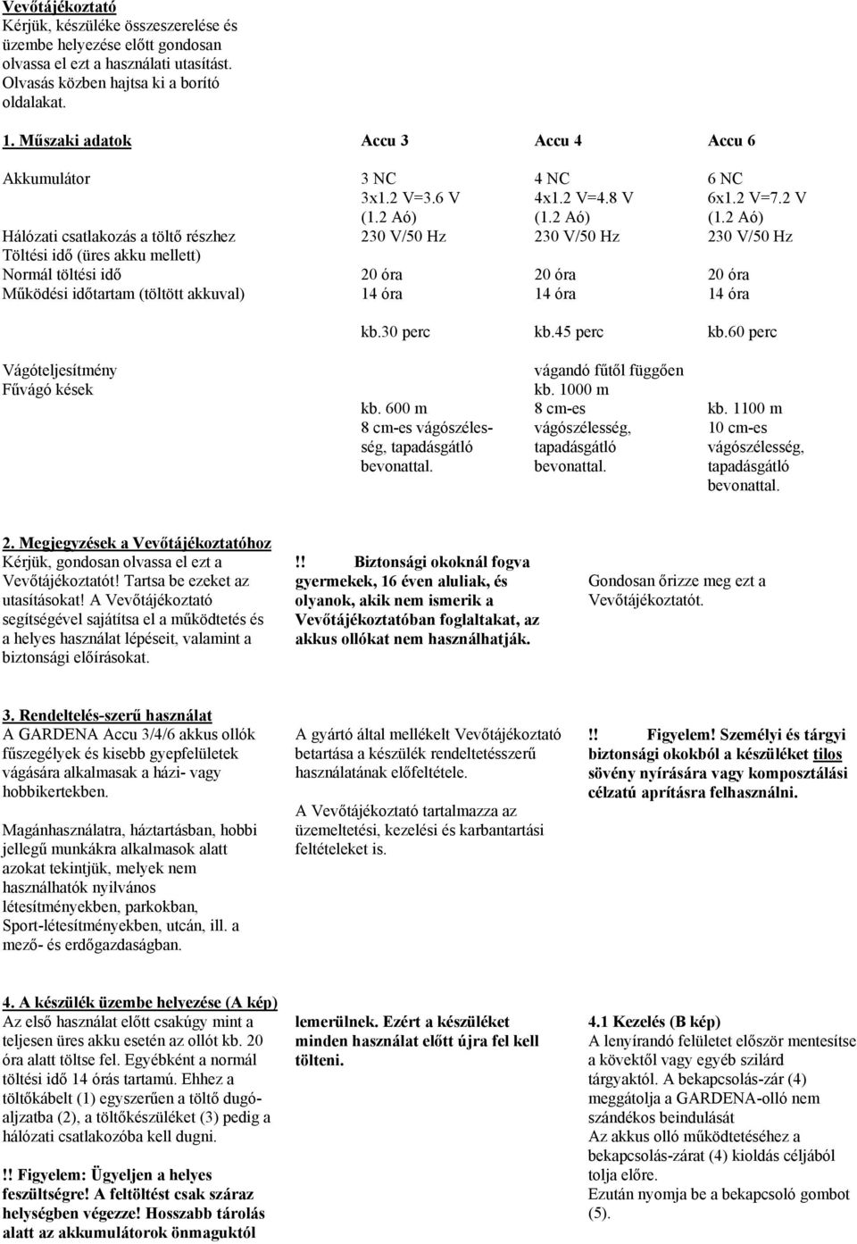 2 Aó) 230 V/50 Hz 20 óra 14 óra 4 NC 4x1.2 V=4.8 V (1.2 Aó) 230 V/50 Hz 20 óra 14 óra 6 NC 6x1.2 V=7.2 V (1.2 Aó) 230 V/50 Hz 20 óra 14 óra kb.30 perc kb.45 perc kb.