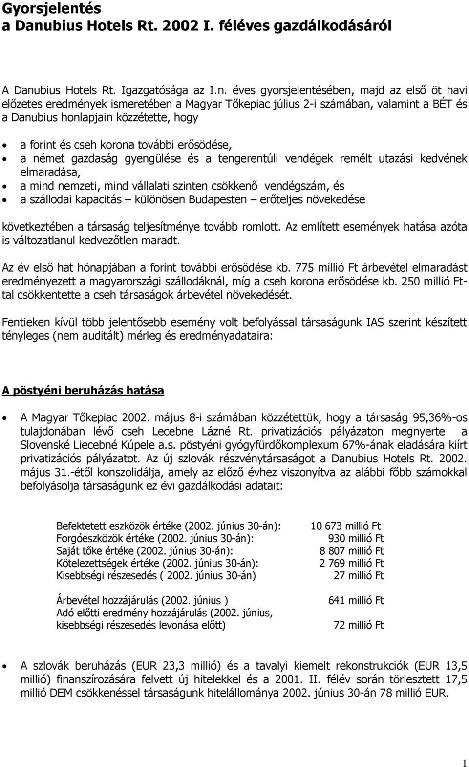 bius Hotels Rt. 2002 I. féléves gazdálkodásáról A Danu