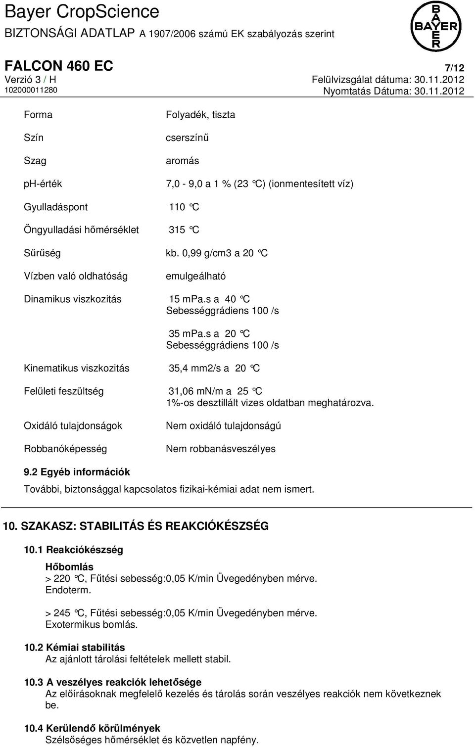 s a 20 C Sebességgrádiens 100 /s Kinematikus viszkozitás 35,4 mm2/s a 20 C Felületi feszültség 31,06 mn/m a 25 C 1%-os desztillált vizes oldatban meghatározva.