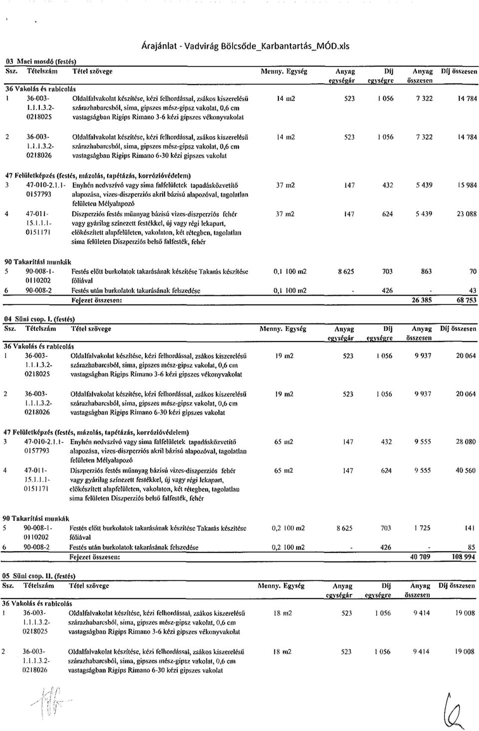 gipszes vékonyvakolat 36-003- Oldalfalvakolat készítése, kézi felhordással, zsákos kiszerelésű 14