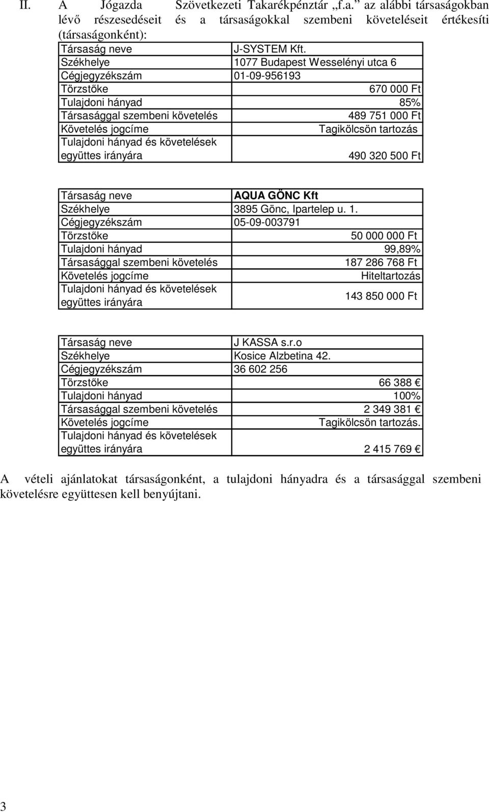 Tulajdoni hányad és követelések együttes irányára 490 320 500 Ft Társaság neve AQUA GÖNC Kft Székhelye 3895 Gönc, Ipartelep u. 1.