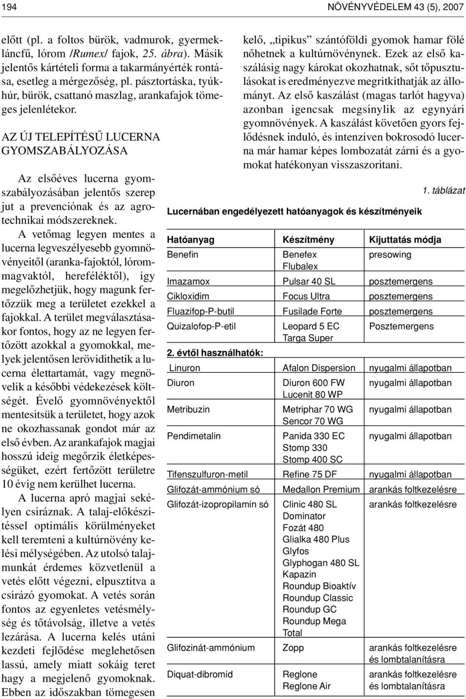 AZ ÚJ TELEPÍTÉSÛ LUCERNA GYOMSZABÁLYOZÁSA Az elsôéves lucerna gyomszabályozásában jelentôs szerep jut a prevenciónak és az agrotechnikai módszereknek.