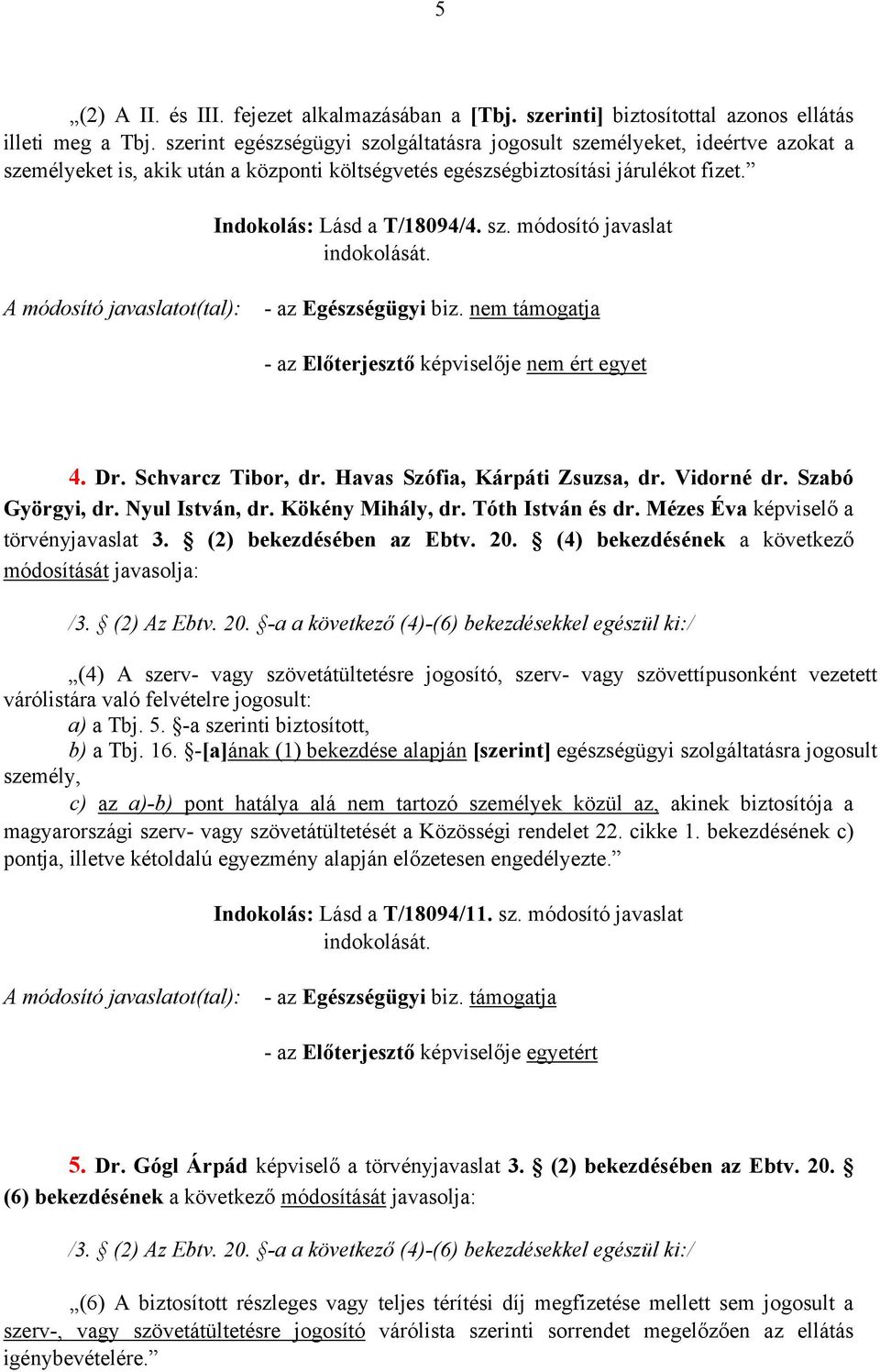 nem támogatja - az Előterjesztő képviselője nem ért egyet 4. Dr. Schvarcz Tibor, dr. Havas Szófia, Kárpáti Zsuzsa, dr. Vidorné dr. Szabó törvényjavaslat 3. (2) bekezdésében az Ebtv. 20.