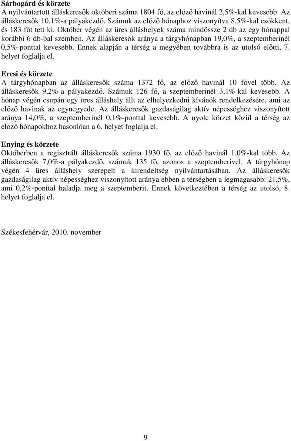 Az álláskeresık aránya a tárgyhónapban 19,0, a szeptemberinél 0,5-ponttal kevesebb. Ennek alapján a térség a megyében továbbra is az utolsó elıtti, 7. helyet foglalja el.