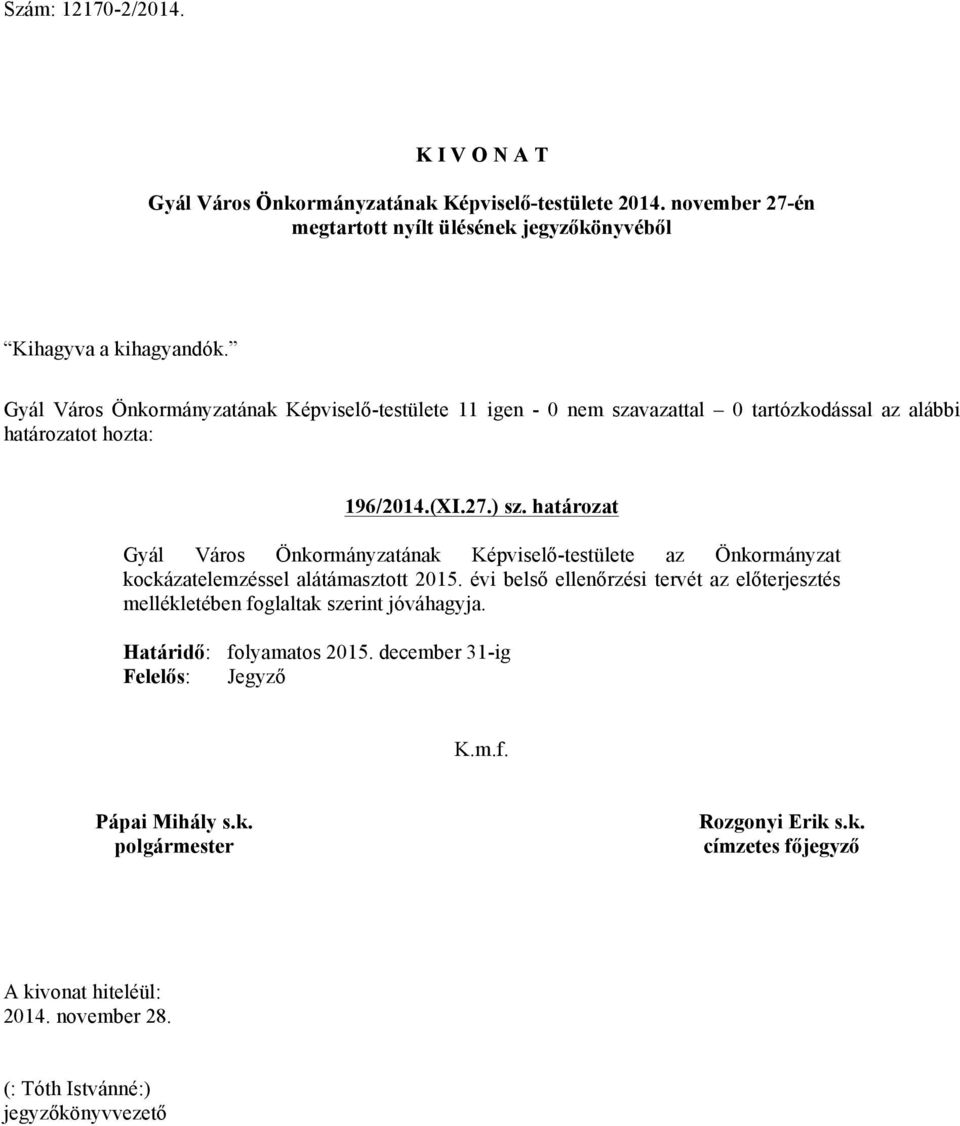 határozat Gyál Város Önkormányzatának Képviselő-testülete az Önkormányzat kockázatelemzéssel