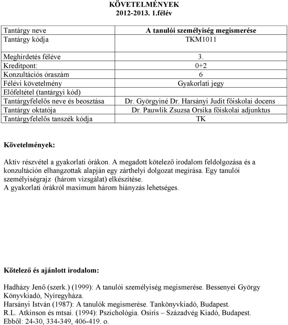 Egy tanulói személyiségrajz (három vizsgálat) elkészítése. A gyakorlati órákról maximum három hiányzás lehetséges. Hadházy Jenő (szerk.) (1999): A tanulói személyiség megismerése.