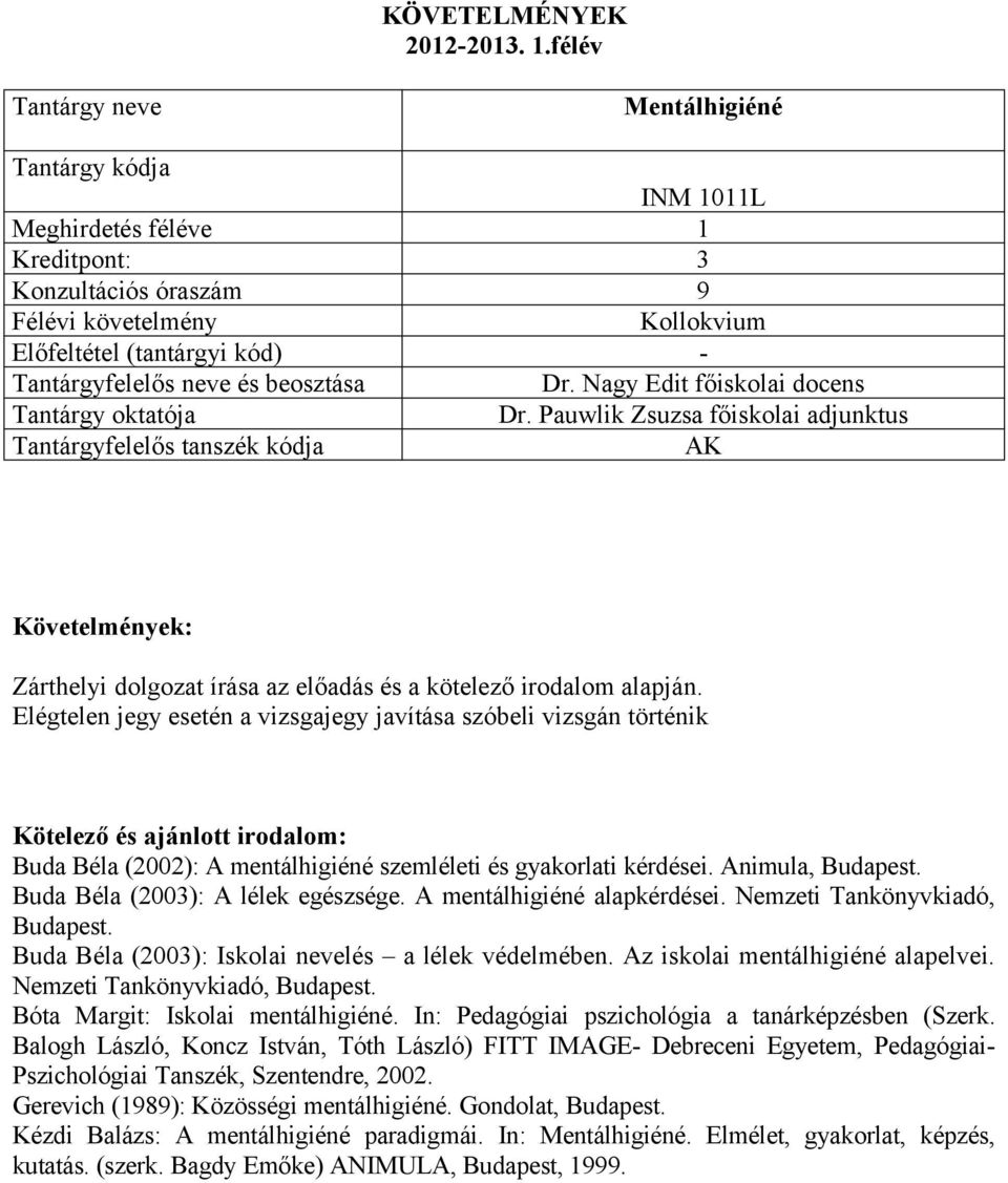 A mentálhigiéné alapkérdései. Nemzeti Tankönyvkiadó, Budapest. Buda Béla (2003): Iskolai nevelés a lélek védelmében. Az iskolai mentálhigiéné alapelvei. Nemzeti Tankönyvkiadó, Budapest. Bóta Margit: Iskolai mentálhigiéné.