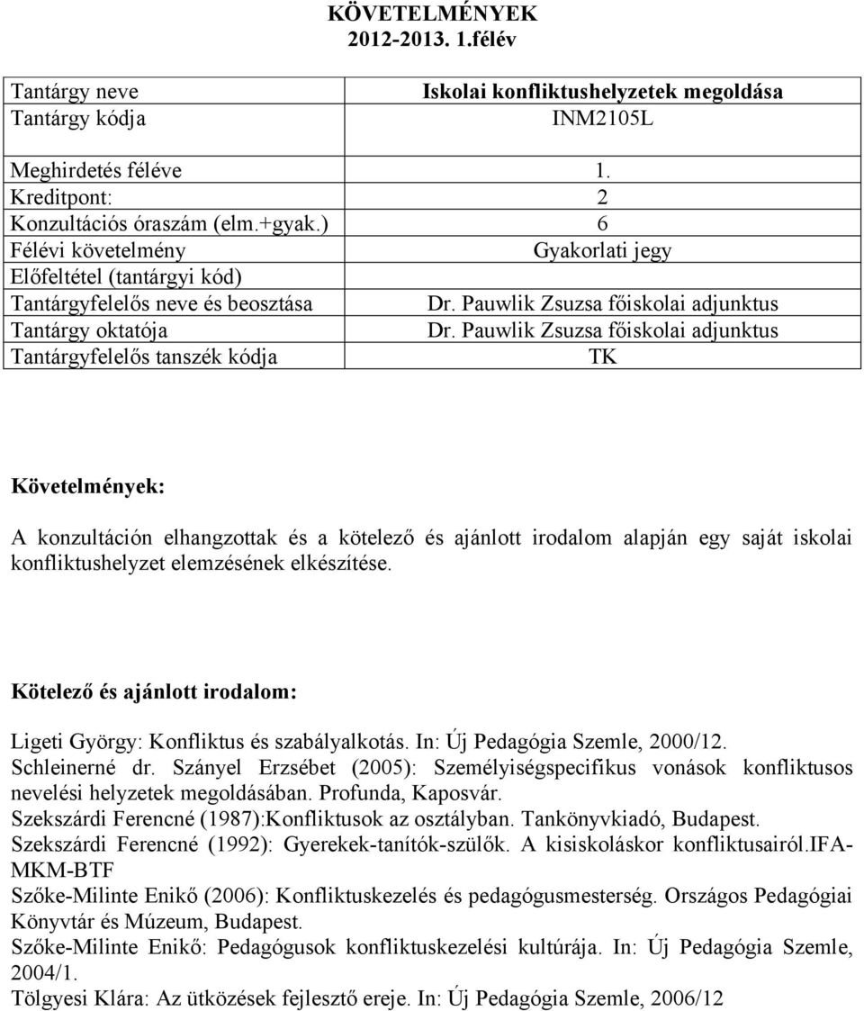 Ligeti György: Konfliktus és szabályalkotás. In: Új Pedagógia Szemle, 2000/12. Schleinerné dr. Szányel Erzsébet (2005): Személyiségspecifikus vonások konfliktusos nevelési helyzetek megoldásában.