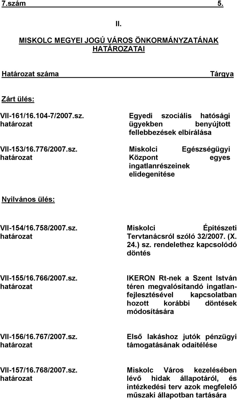 767/2007.sz. határozat Első lakáshoz jutók pénzügyi támogatásának odaítélése VII-157/16.768/2007.sz. határozat Miskolc Város kezelésében lévő hidak állapotáról, és intézkedési terv azok megfelelő műszaki állapotban tartására